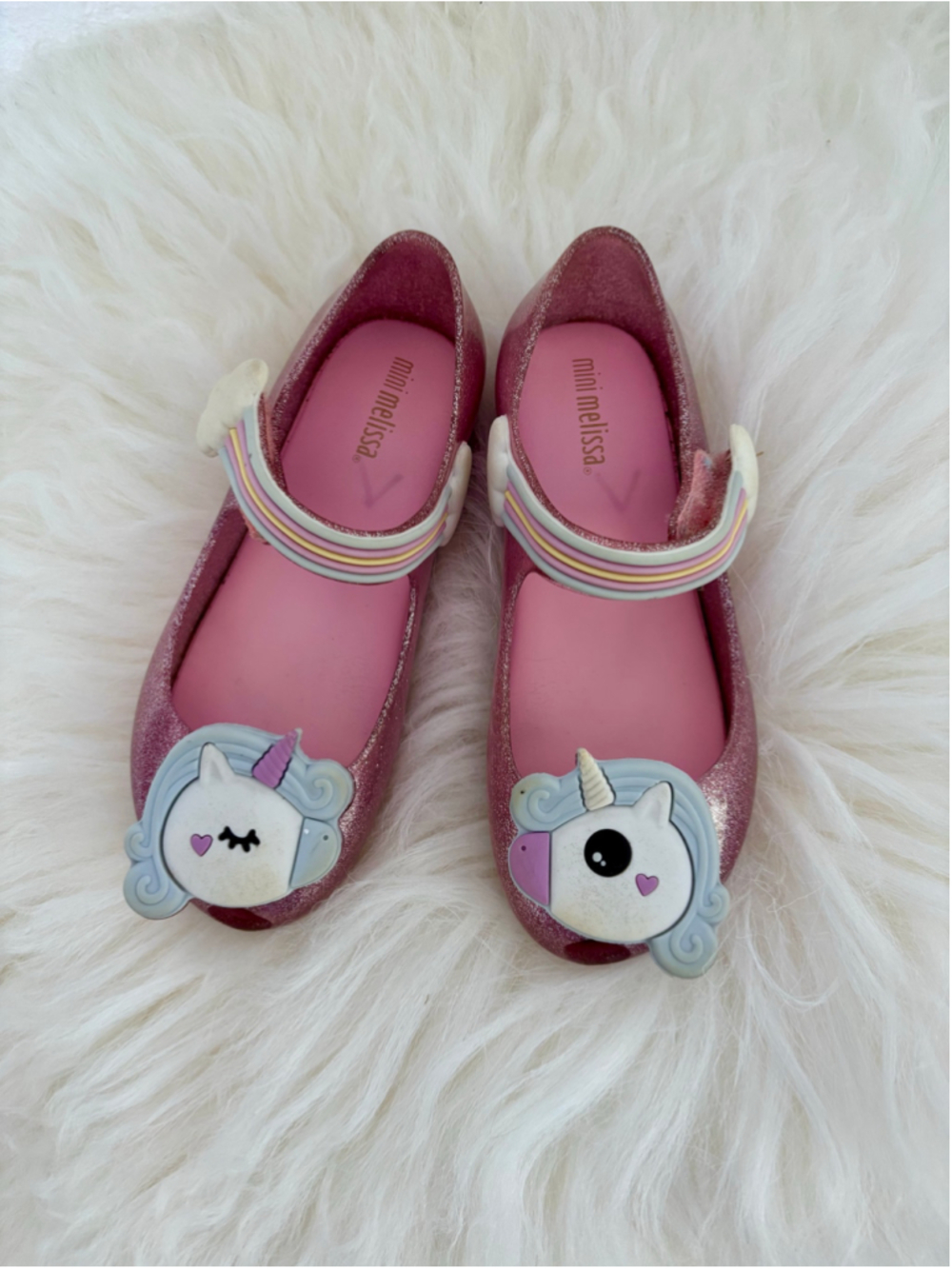 Girl's Mini Melissa Pink Glitter Rainbow Unicorn Shoes Mary Jane Glitter Size 10